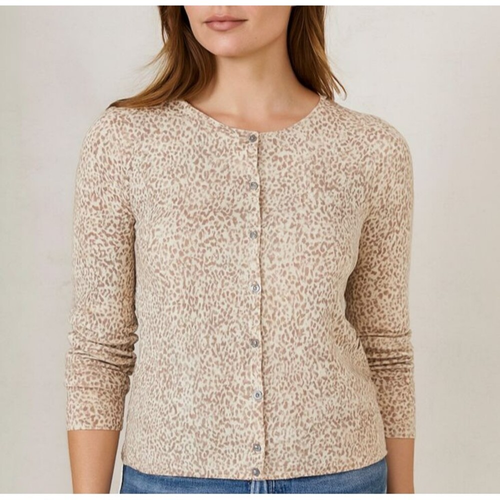 Garnet Hill Beige Leopard Print Button-Front Cardigan